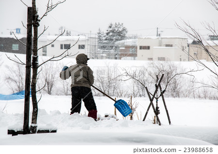 One man scoop the snow out from tree 23988658