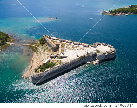 Aerial helicopter shot of St. Nicholas Fortress - 24005314