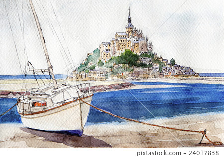 Evening scenery of Mont Saint Michel Watercolor painting 24017838