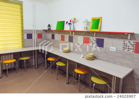 Hostel interior - kitchen. table, chair, crockery Hostel interior - kitchen. table, chair, crockery 24028907