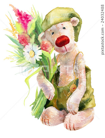 Cute watercolor teddy bear with flowers. Cute watercolor teddy bear with flowers. 24032488