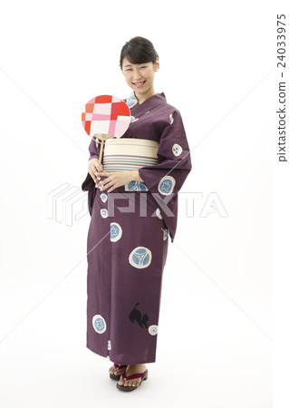 A woman in a yukata with a fan club White Back 24033975