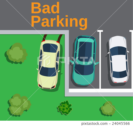 Bad parking. Top view of a car parked on the lawn. Bad parking. Top view of a car parked on the lawn. 24045566