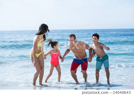 Family in swimwear holding hands while enjoying Family in swimwear holding hands while enjoying 24048643