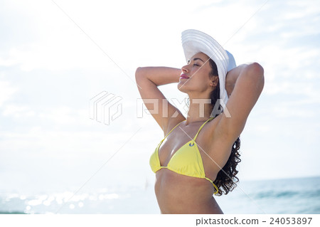 Beautiful woman in bikini standing with hands behind head Beautiful woman in bikini standing with hands behind head 24053897