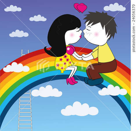 Loving Couple Sitting On A Rainbow And Kisses - 스톡일러스트 [24056370] - Pixta