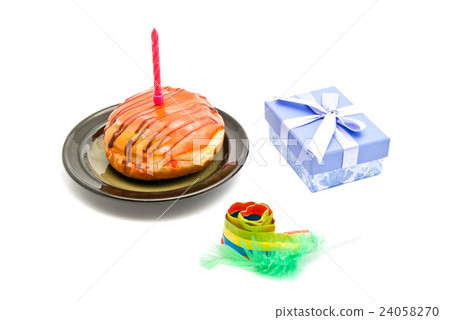 donut with birthday candle, gift and whistle donut with birthday candle, gift and whistle 24058270