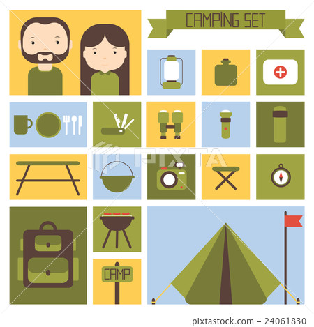 Set of flat colorful vector camping equipment - Stock Illustration ...