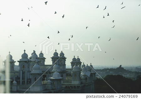 Birds fly around Indian cathedral in grey sky 24079169