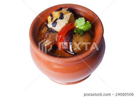 braised eggplant with tomatoes and basil in a clay braised eggplant with tomatoes and basil in a clay 24080506