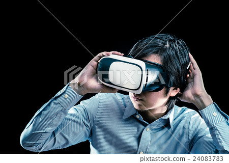 Men wearing VR goggles, virtual reality experience Men wearing VR goggles, virtual reality experience 24083783