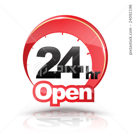 24 Hours Open circle graphic icon. 24092196