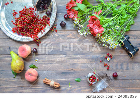 Berries and fruits border background vintage mock 24095859