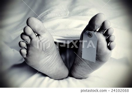dead body with a blank toe tag, in monochrome 24102088