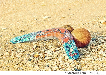 Boomerang and coconuts on sandy beach  24104119