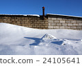 Old brick building and snow pile. 24105641