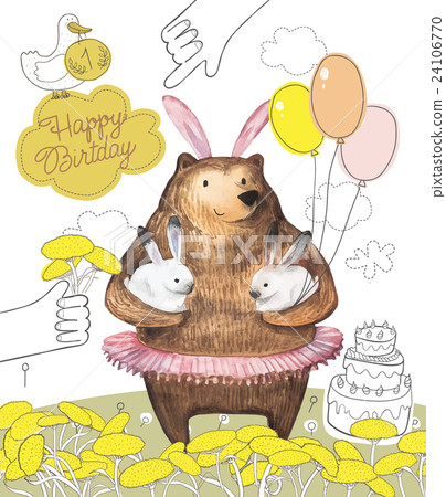 Pretty Bird and Cute Cartoon bear with the Pretty Bird and Cute Cartoon bear with the 24106770