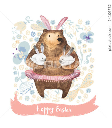 Cute cartoon bear holding two little bunnies on a Cute cartoon bear holding two little bunnies on a 24106782