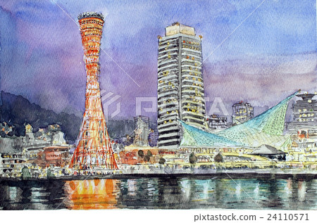 Night landscape illustration, sketch of Kobe Harborland, Port Tower 24110571