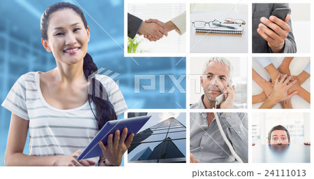 Composite image of businesswoman using tablet in the office 24111013