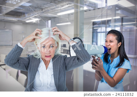 Composite image of portrait of stressed businesswoman with hands on head 24111032