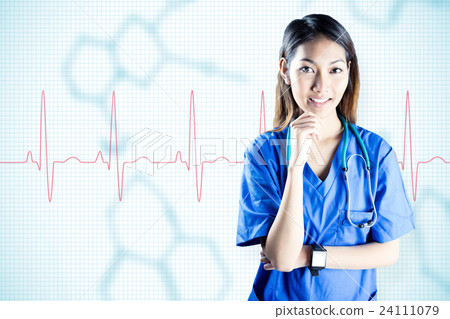 Composite image of asian nurse thinking with hand on chin 24111079