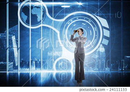 Composite image of portrait of a brunette businesswoman looking through binoculars Composite image of portrait of a brunette businesswoman looking through binoculars 24111133