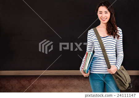 Composite image of cheerful woman with shoulder bag and files Composite image of cheerful woman with shoulder bag and files 24111147