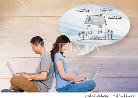 Composite image of happy young couple using laptop while sitting back to back Composite image of happy young couple using laptop while sitting back to back 24111150