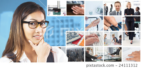 Composite image of smiling businesswoman holding her chin Composite image of smiling businesswoman holding her chin 24111312