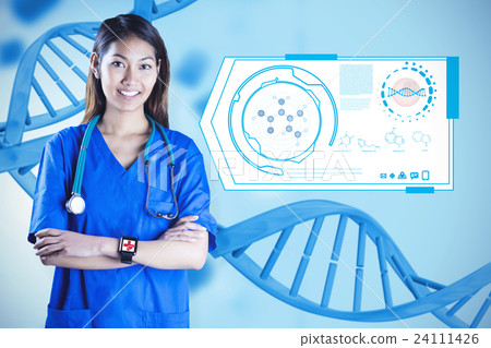 Composite image of asian nurse with stethoscope crossing arms Composite image of asian nurse with stethoscope crossing arms 24111426