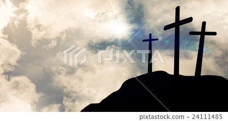 Cross religion symbol shape over sunset sky  24111485