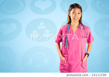 Composite image of asian nurse with stethoscope looking at the camera 24111599