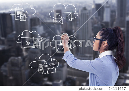 Composite image of businesswoman holding disposable cup and looking at wall with notes 24111637