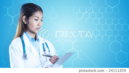 Composite image of asian doctor writing on files 24111859