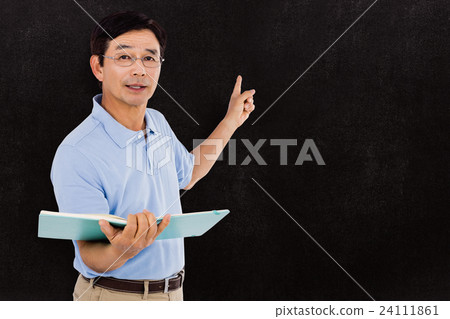 Composite image of elderly man pointing behind him 24111861