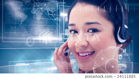 Composite image of close up of a smiling operator posing with a headset 24111885