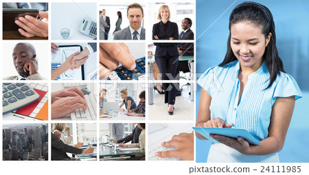 Composite image of smiling businesswoman using digital tablet  24111985