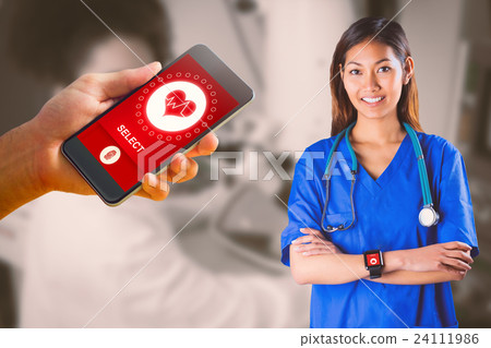 Composite image of asian nurse with stethoscope crossing arms 24111986