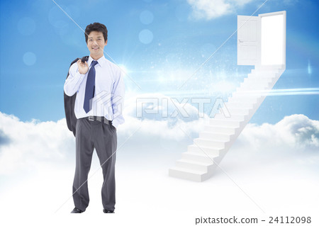 Composite image of portrait of a relaxed businessman with his jacket on his shoulder 24112098