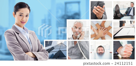 Composite image of portrait of a beautiful businesswoman posing with the arms crossed 24112151