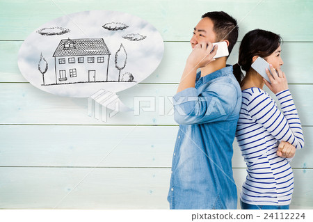 Composite image of cheerful couple talking on phone Composite image of cheerful couple talking on phone 24112224