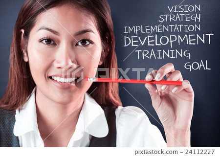 Composite image of smiling businesswoman holding a pencil Composite image of smiling businesswoman holding a pencil 24112227