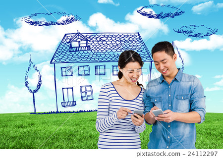 Composite image of couple using smartphone 24112297