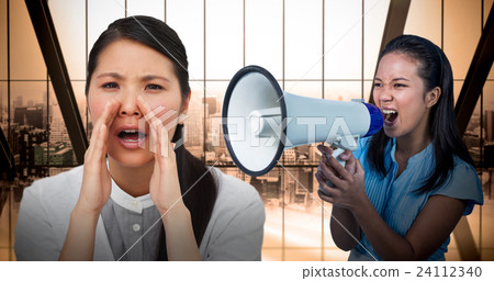 Composite image of angry businesswoman shouting in the office Composite image of angry businesswoman shouting in the office 24112340