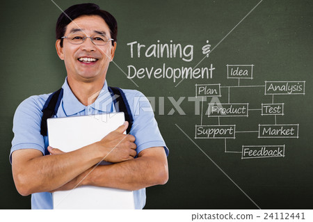 Composite image of portrait of cheerful man holding documents 24112441