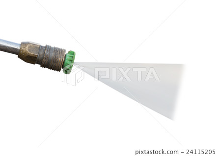 Outdoor floor cleaning with high pressure water jet isolated on white. Saved with clipping path 24115205
