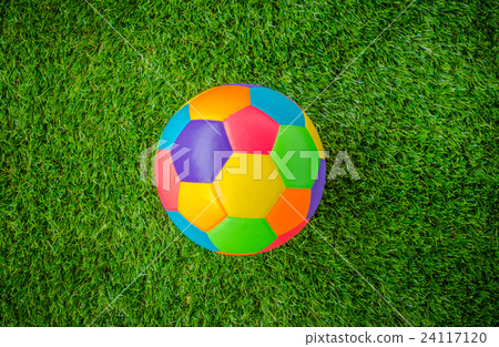 Real leather Colorful multi colour Soccer ball on green grass . 24117120