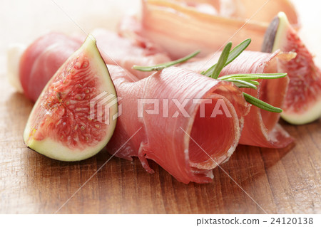 canapes with jamon and figs on wooden board canapes with jamon and figs on wooden board 24120138