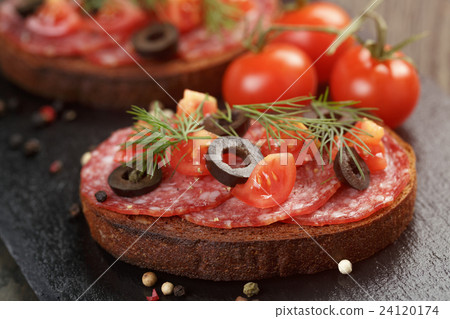 open rye sandwich with salami and vegetables 24120174